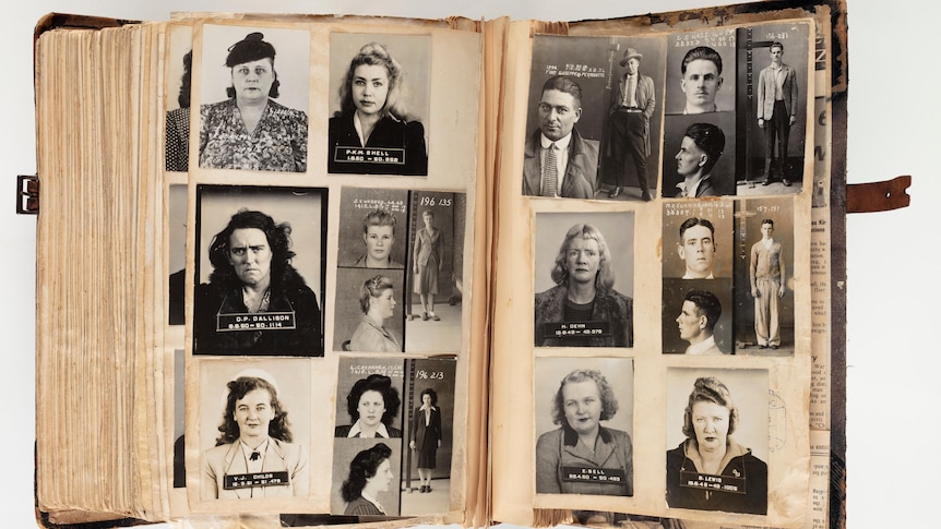 A scrapbook of 12 mugshots, mostly women. 