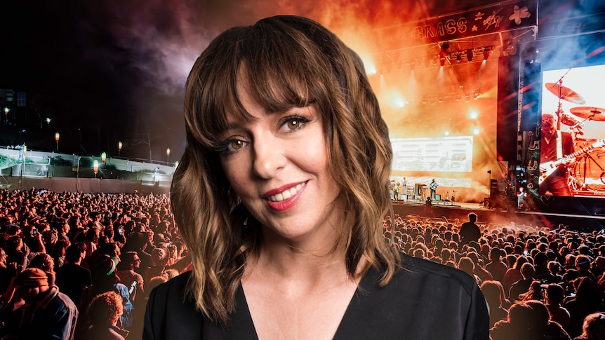 Press shot of Australian music industry figure Jessica Ducrou with backdrop of Splendour In The Grass festival at night