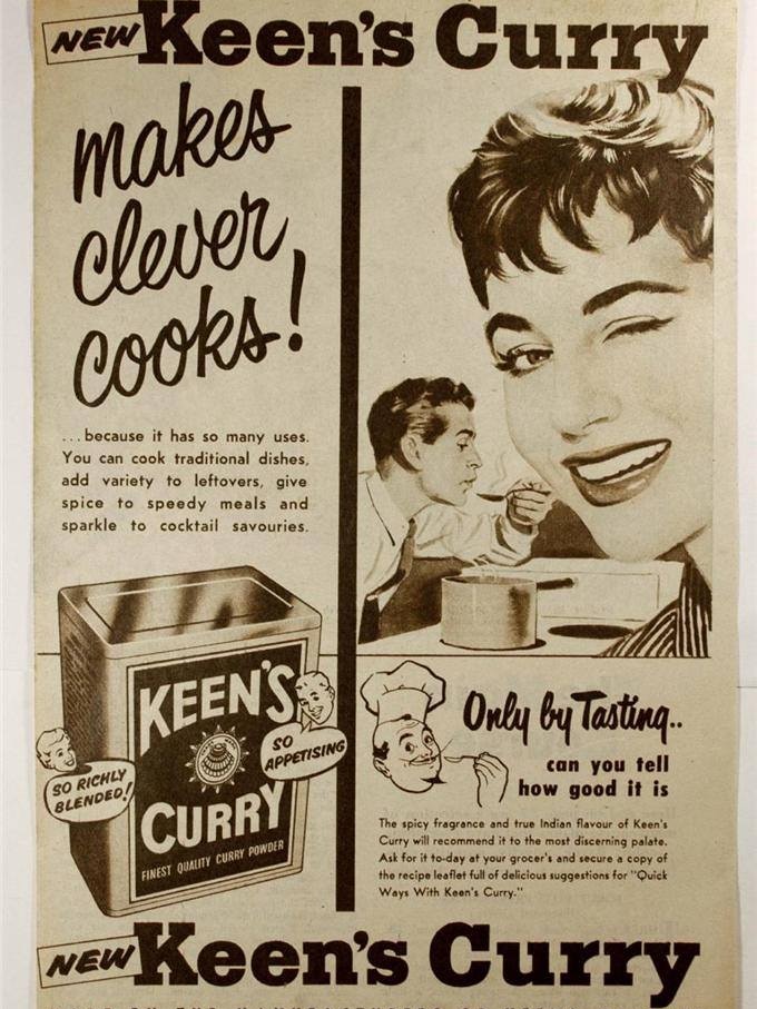 Black and white cartoon advert for Keen's Curry Powder from 1950s