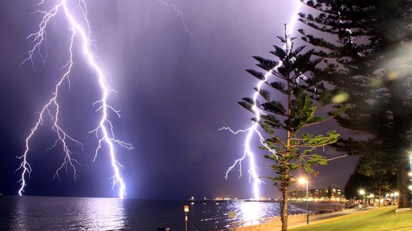 Multiple lightning bolts strike over the water at Glenelg