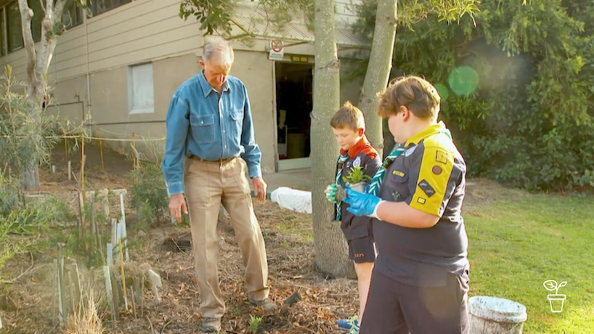Man with 2 boys in cub uniforms planting trees in garden