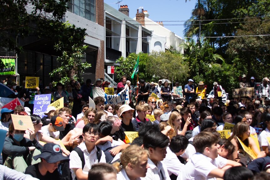 A crowd of students in their school uniforms sit down holding placards as part of a rally. 