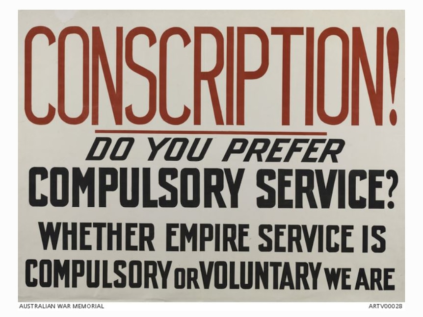 Poster with text 'Conscription. Do you prefer compulsory service?'