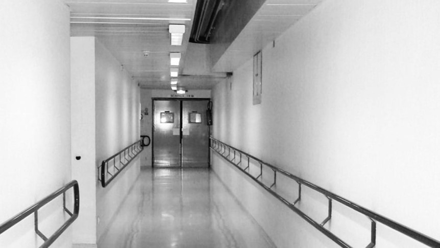 hospital corridor, black and white