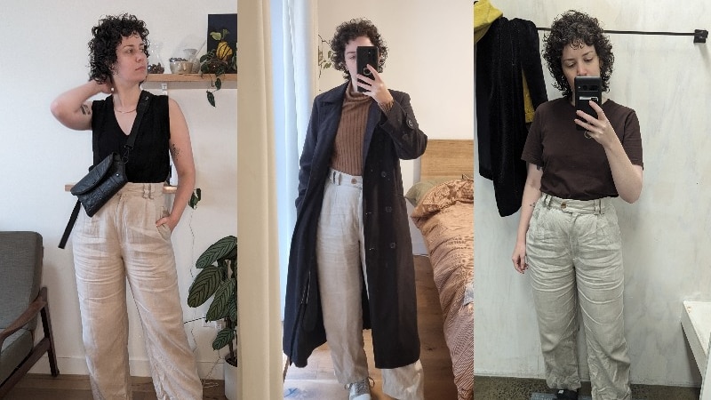 three photos of a young woman side-by-side, in each one she is wearing linen pants with different tops and shoes