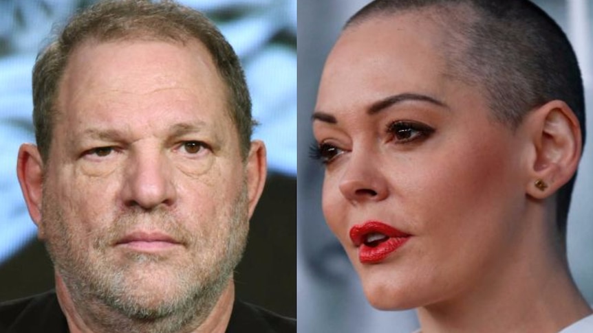 Hollywood producer Harvey Weinstein looking straight ahead and actress Rose McGowan on her side