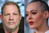 Hollywood producer Harvey Weinstein looking straight ahead and actress Rose McGowan on her side