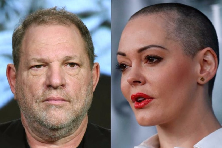 Hollywood producer Harvey Weinstein looking straight ahead and actress Rose McGowan on her side