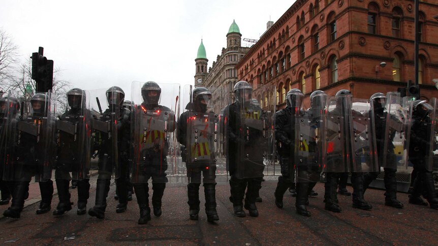 Riot police at a protest outside Belfast's city hall