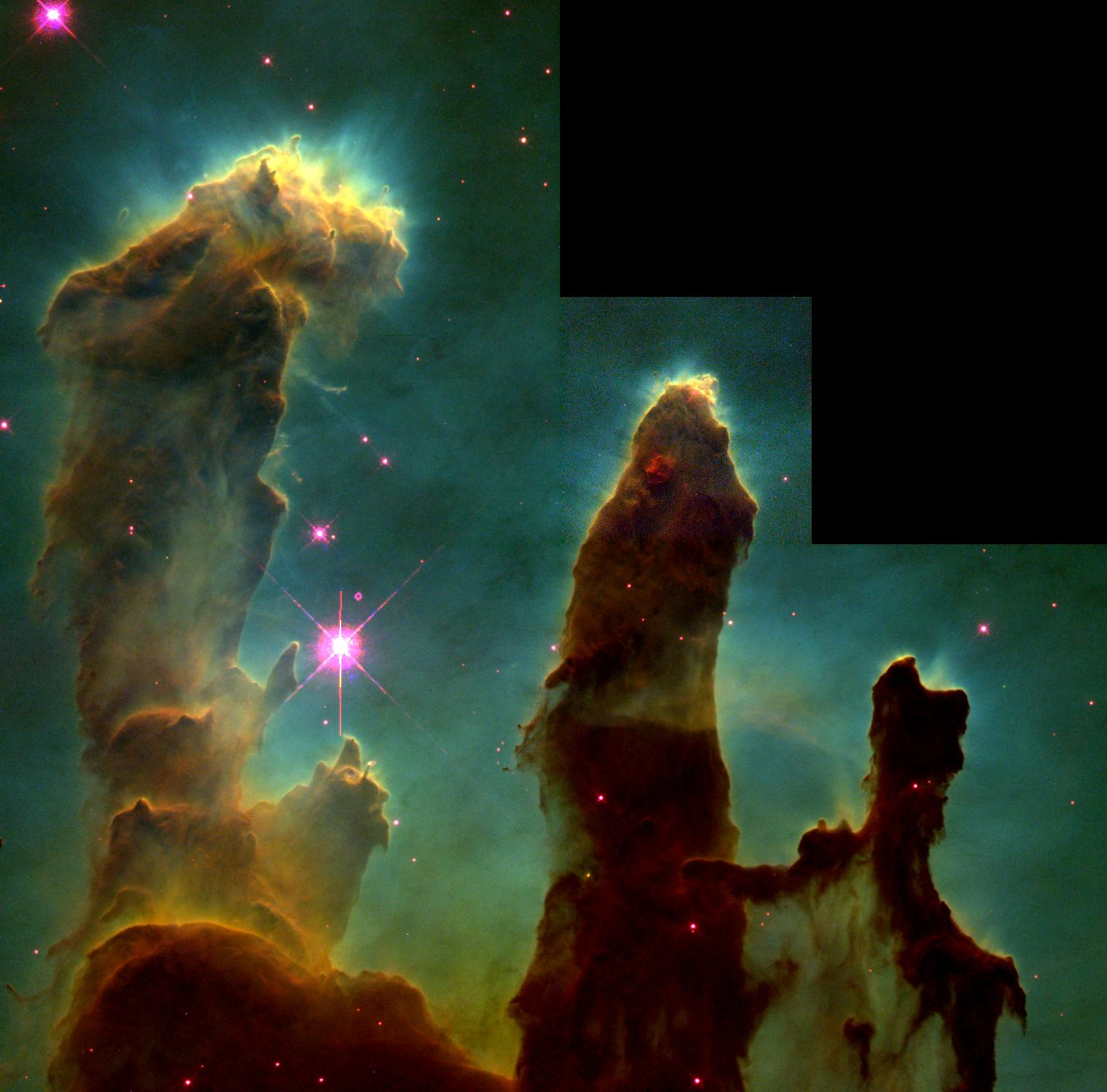 An image of the Pillars of Creation, showing reddish brown dust clouds on a greenish-black background. 