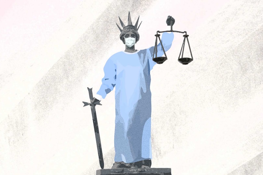 An illustration of a Themis or 'lady justice' statue holding scales of justice wears a surgical gown and mask.