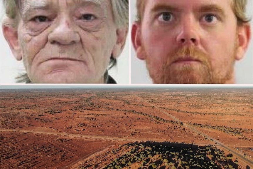 A composite of two men and a harsh desert setting.