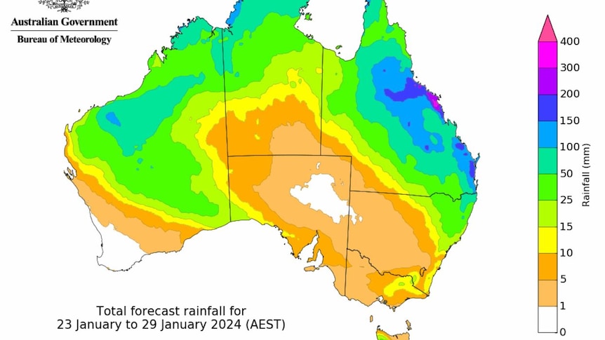 Map showing rainfall totals over Australia