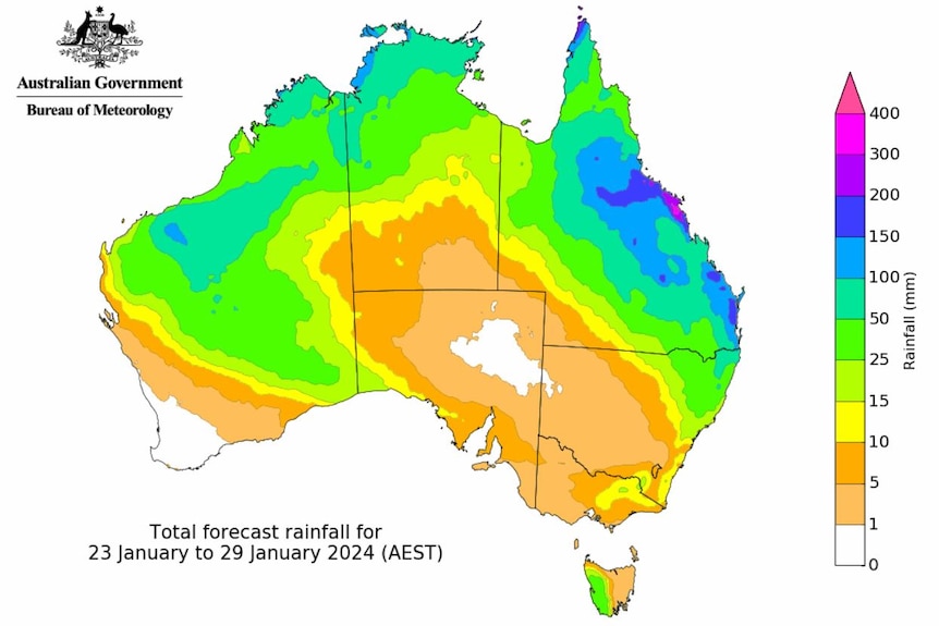 Map showing rainfall totals over Australia