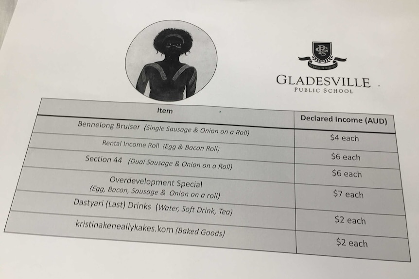Menu options at the Gladesville Public School polling station include Bennelong Bruiser, Section 44 and Overdevelopment Special.