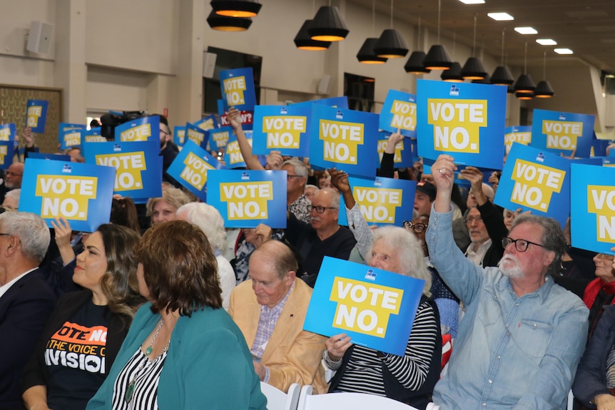 A group of mainly elderly people hold of 'VOTE NO' placards in a room. There are hundreds of people.