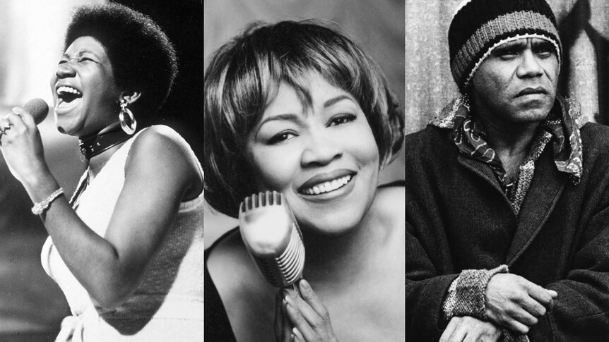 Collage of black-and-white images of Aretha Franklin, Mavis Staples and Archie Roach