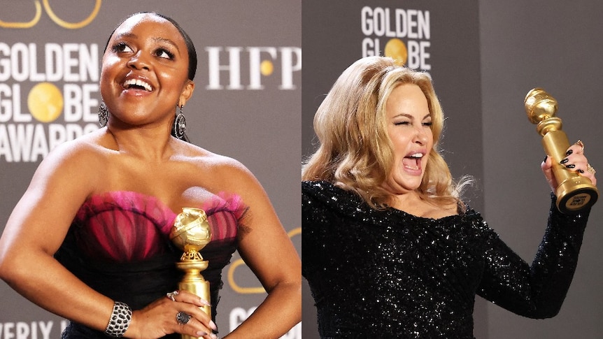 Composite photo of 2023 Golden Globe winners, Quinta Brunson (left) and Jennifer Coolige (right)