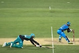 A batsman runs his bat in over the line with a dive as the wicketkeeper prepares to take the bails