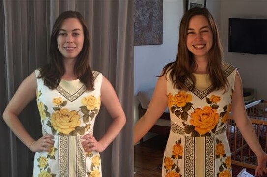 Two photos of Ms Russell next to each other, in the original dress and in the new dress