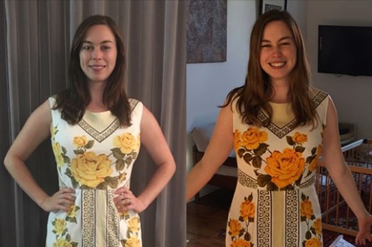 Two photos of Ms Russell next to each other, in the original dress and in the new dress