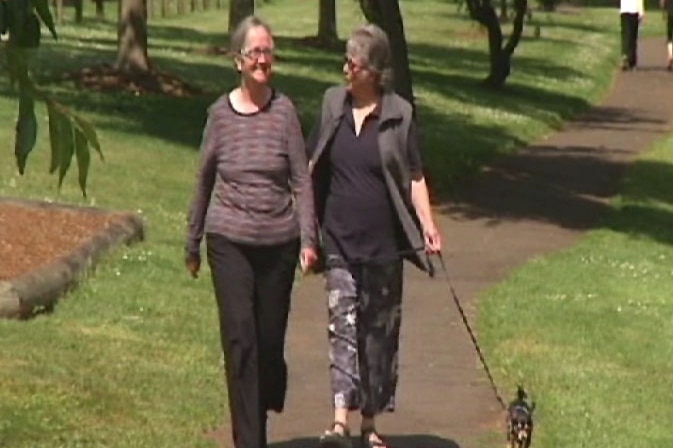 Linda Jomartz and Ros Albiston walking