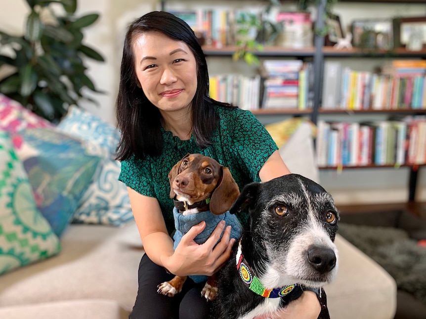 A smiling woman holds a small sausage dog on her lap while another larger dog sits beautifully in front of her