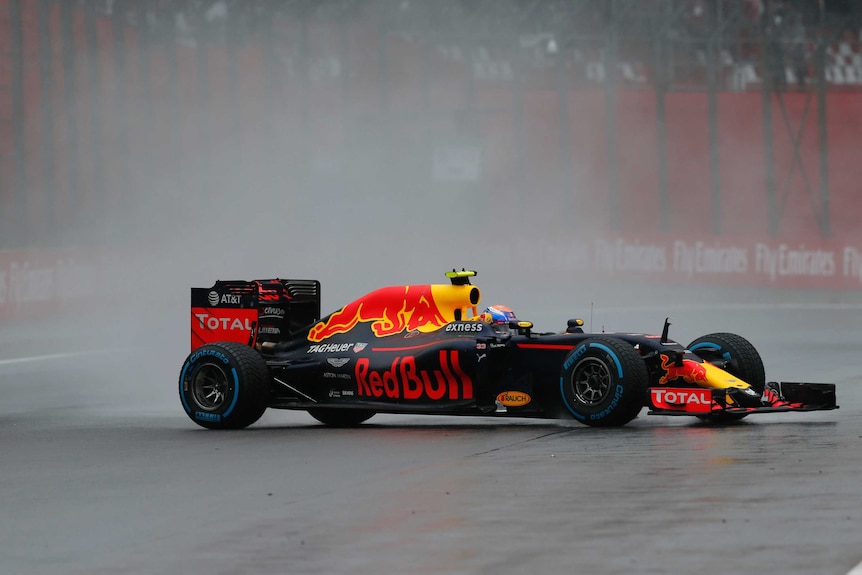 Max Verstappen spins his Red Bull car in the wet at the 2016 Brazilian F1 grand prix at Interlagos.