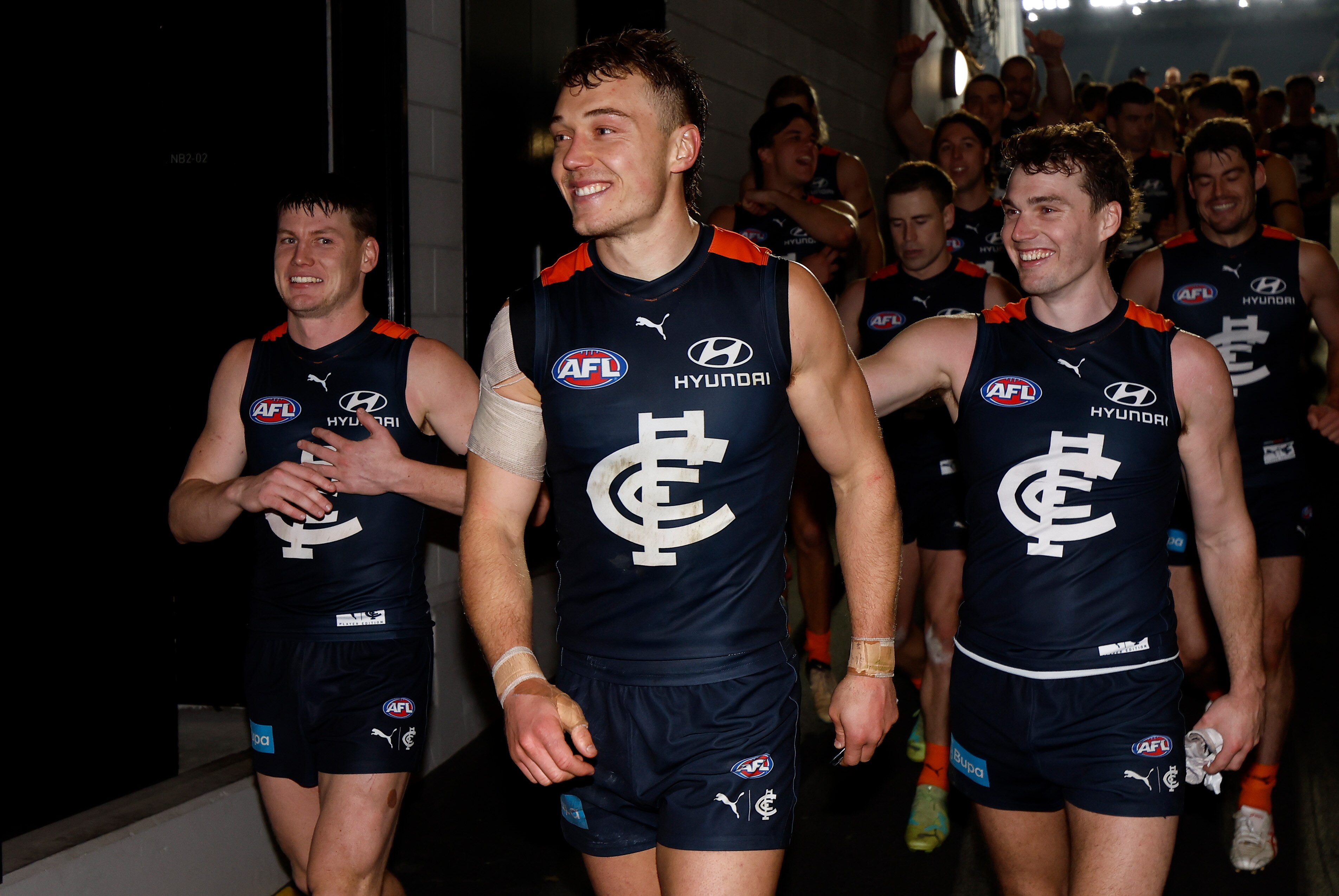 Patrick Cripps celebrates after Carlton's win