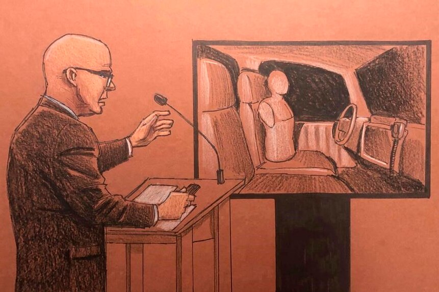 A court sketch depicting a man gesturing to an image of a car