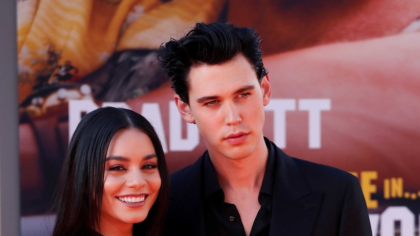 Austin Butler and Vanessa Hudgens pose at the premiere of "Once Upon a Time In Hollywood" in Los Angeles.