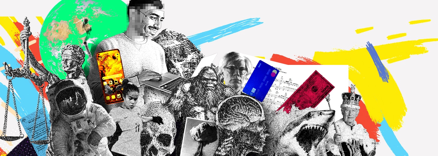 A collage of things like skeleton, shark, money, soccer player, music score, etc to show a diverse range of subjects.