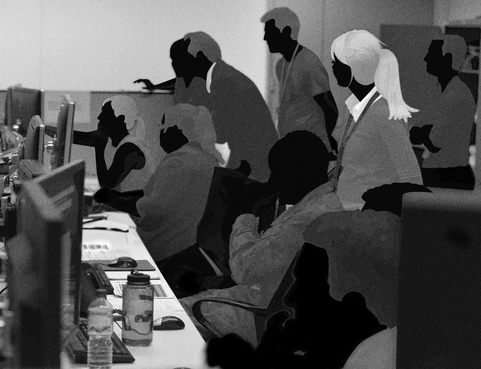 Black and white illustration of people in front of rows of computers, looking at screens.
