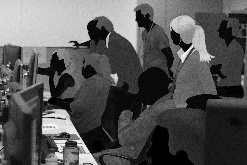 Black and white illustration of people in front of rows of computers, looking at screens.