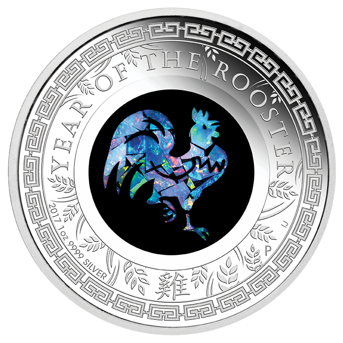 Year of the rooster silver coin with rooster picked out in opal coin by Perth Mint.