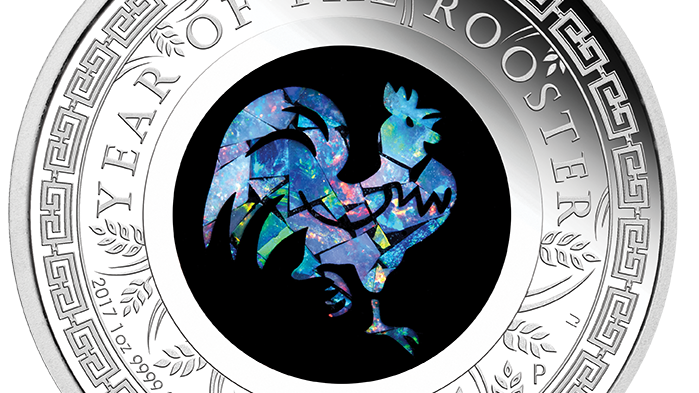Year of Rooster silver coin with rooster picked out in opal coin by Perth Mint