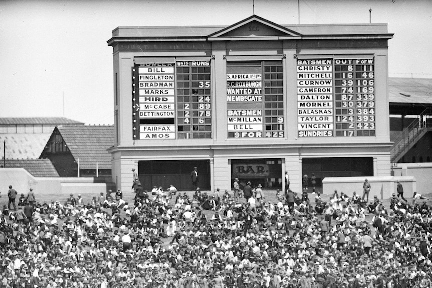 The SCG scoreboard during the 1930 match between Australia and South Africa.