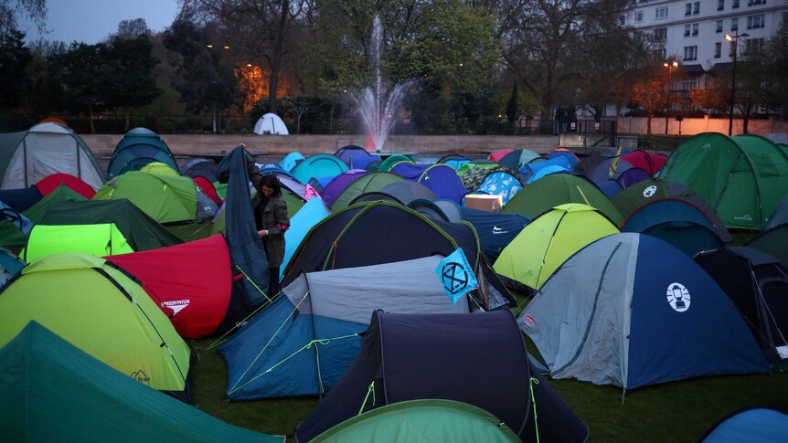 Tents of climate change activists set up at London's Marble Arch.