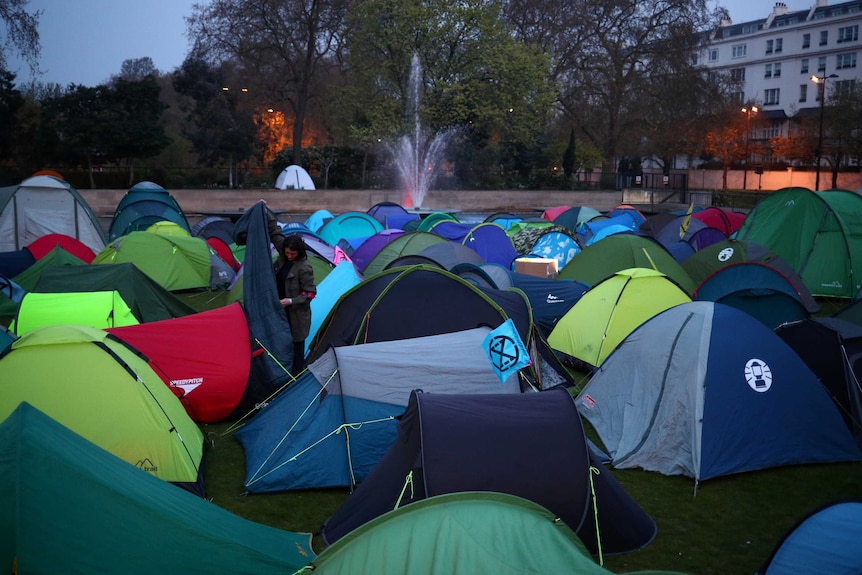 Tents of climate change activists set up at London's Marble Arch.