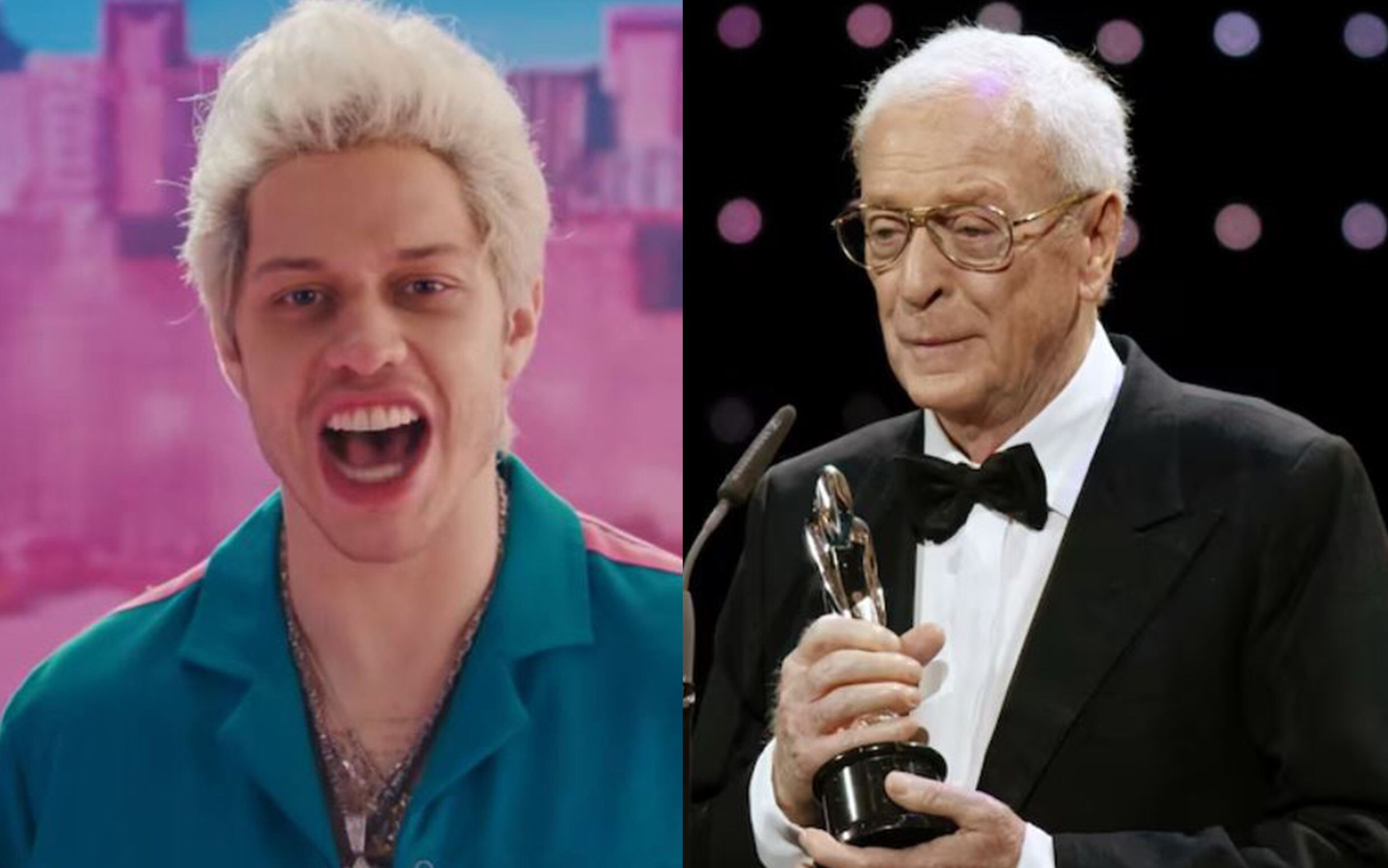 Man looks at camera singing side by side photo with man in tuxedo holding an award