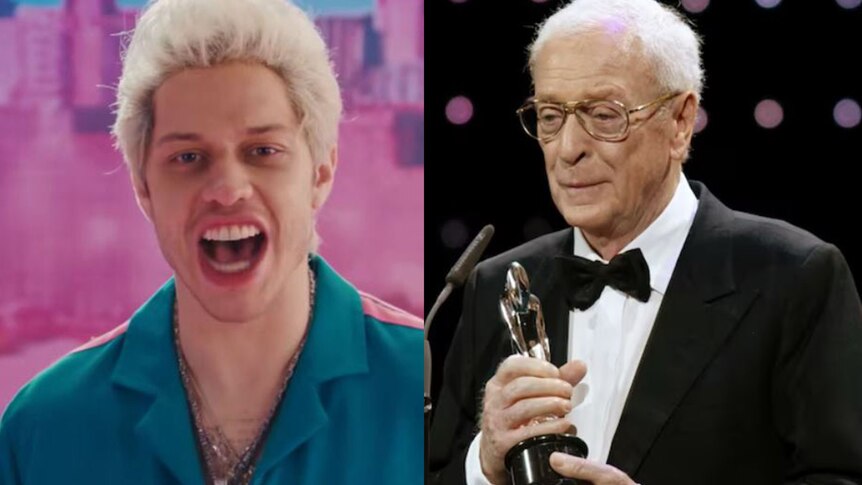 Man looks at camera singing side by side photo with man in tuxedo holding an award