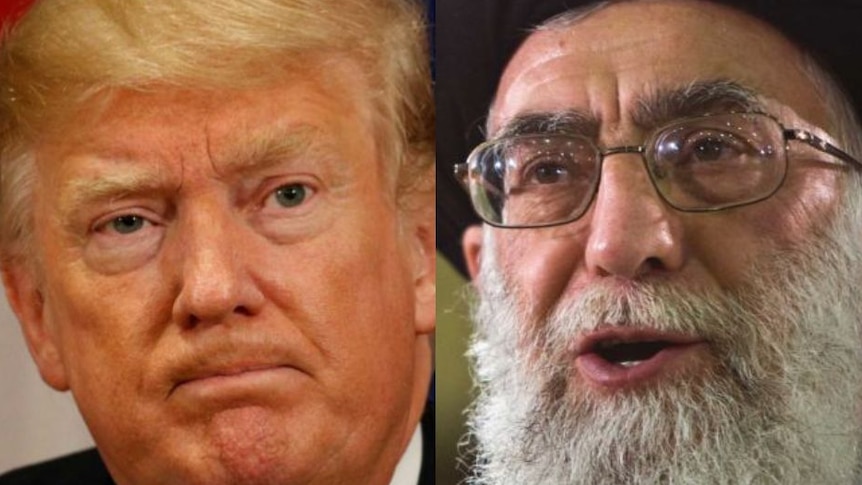 A composite photo showing Donald Trump on the left and Ayatollah Ali Khamenei on the right