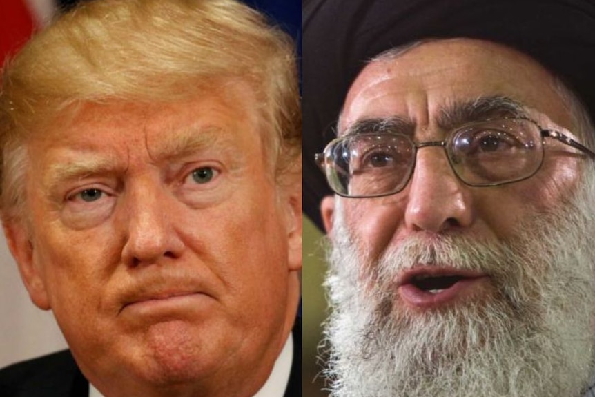 A composite photo showing Donald Trump on the left and Ayatollah Ali Khamenei on the right