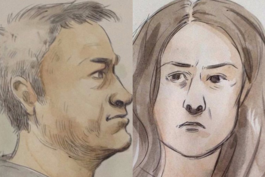 Court sketches of Tony James Paraha and Melanie Anne Pears.