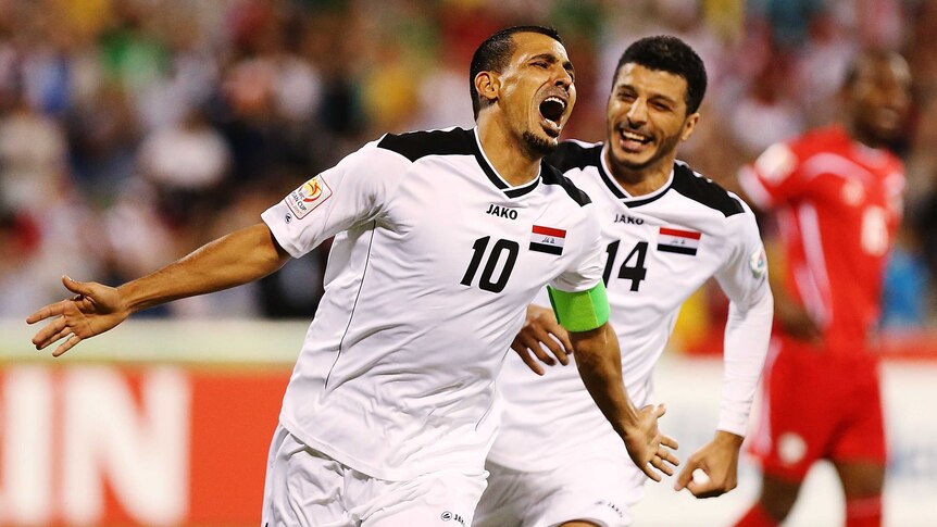 Younus Mahmood celebrates his goal against Palestine