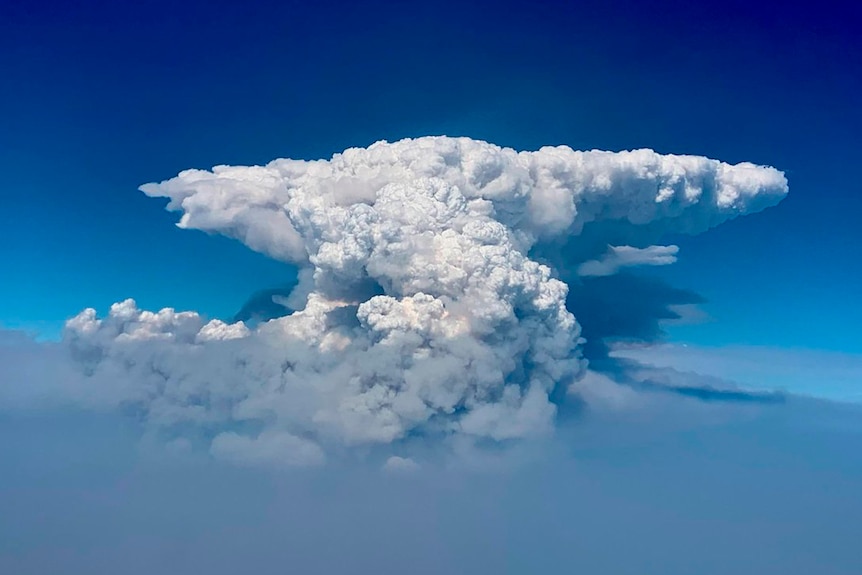 A pyrocumulus cloud, also known as a fire cloud, is seen over the Bootleg Fire in southern Oregon.
