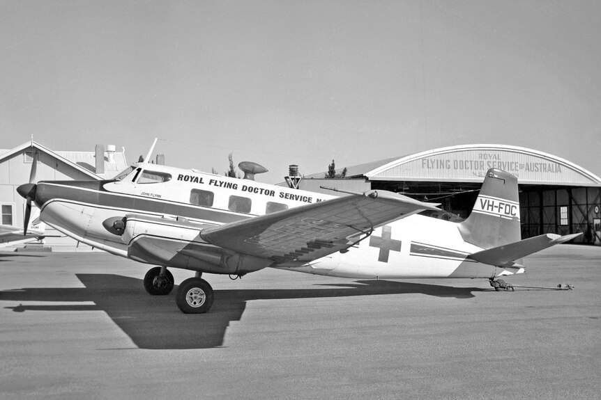 A black and white photo ofthe Royal Flying Doctor Service base at Broken Hill NSW
