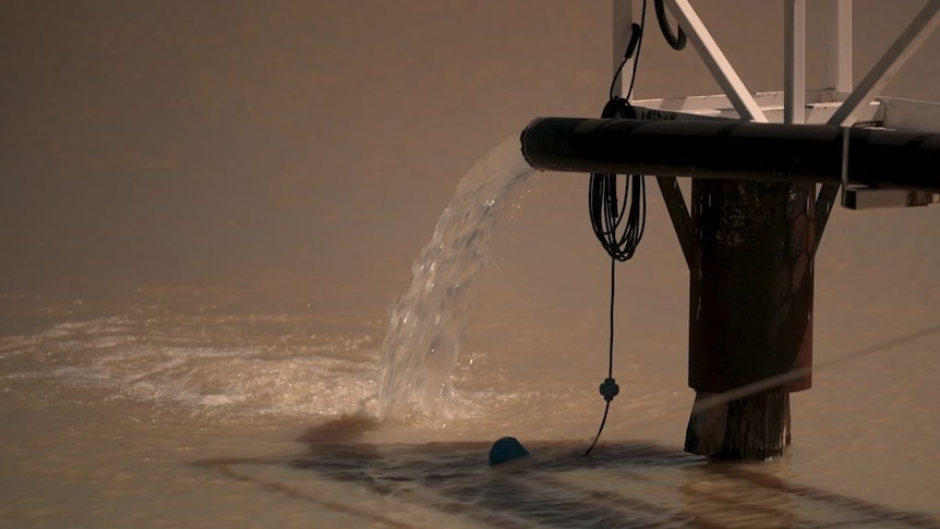 water flows out of a pipe attached to a bore pump sitting in a body of water