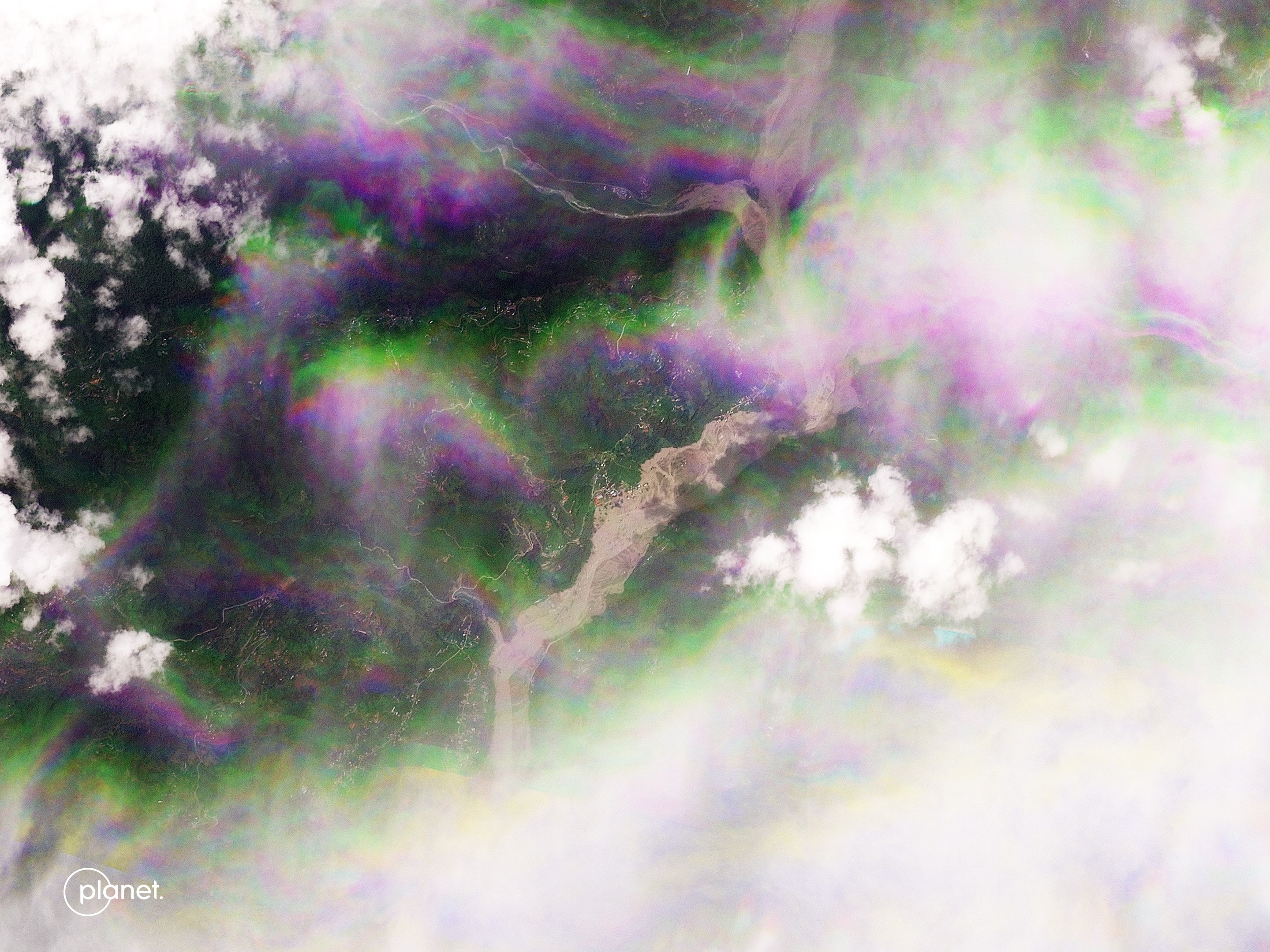 Satellite image showing the aftermath of flooding in Betrawoti Bazaar, Nepal in August 2026.