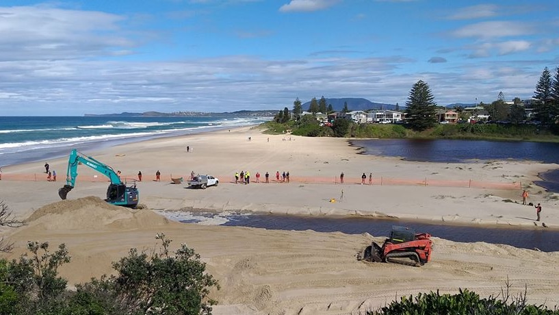 Digging a channel from Lake Cathie to the ocean to release floodwaters.